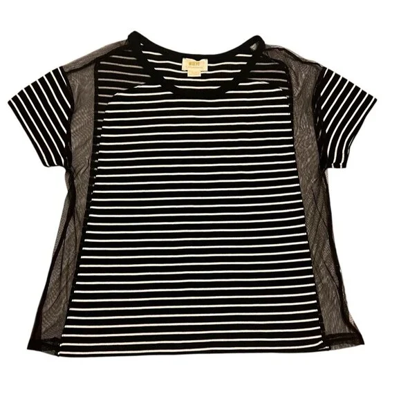 MAEVE By Anthropologie Black/White Striped Tulle-Mesh Inlay Tee Shirt Top Medium - Picture 4 of 7